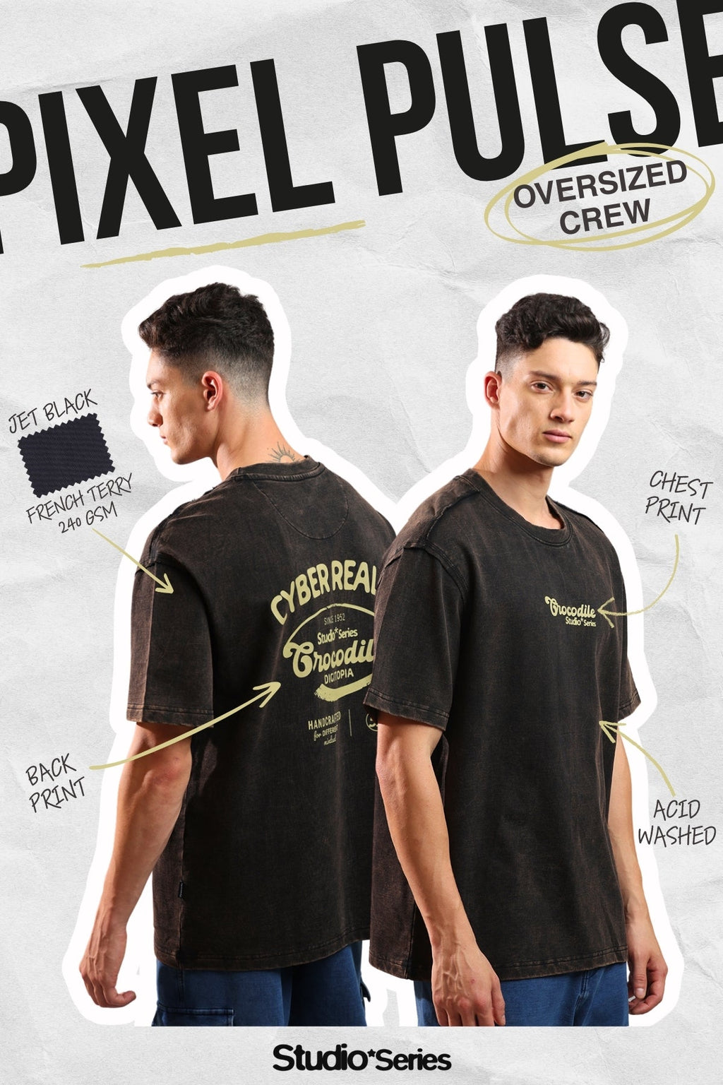 Acid Washed Over Sized Crew In Jet Black