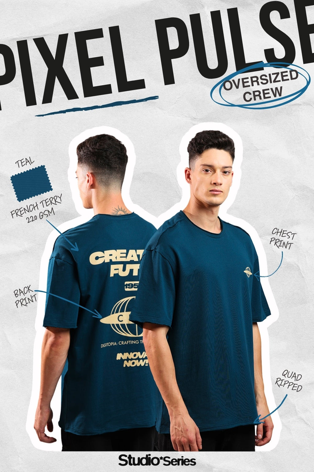 Quad Ripped Over Sized Crew In Teal