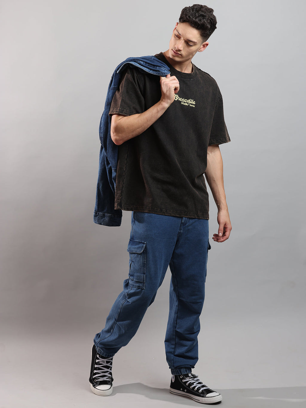 Acid Washed Over Sized Crew In Jet Black